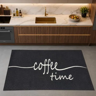 Productafbeelding van Grafische keukentapijt, zwart, met typografie en een lijnmotief, afmetingen: 80 x 300 cm