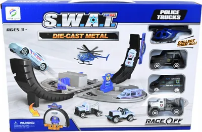 Produktbild von Polizei Rennbahn Set - Stunt-Track mit 4 Autos & Rampe - Action Spielzeug