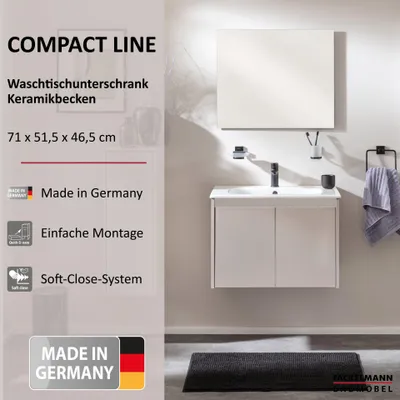 Produktbild von FACKELMANN COMPACT LINE Waschbecken mit Unterschrank 71 cm, Grau, Keramik Weiß Eleganz und Funktionalität für Dein Badezimmer