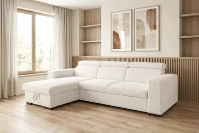Produktbild von Ecksofa Nicole Weiß – Schlaffunktion und Stauraum – Modernes Schlafsofa – Komfort und Funktionalität für Wohnzimmer