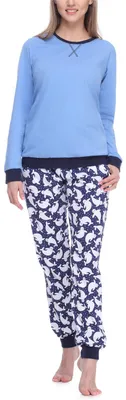 Produktbild von Merry Style Damen Schlafanzug Zweiteiler lang Pyjama Langarm Lange Hose mit Muster MS10-168 (Blau Punkte, L)