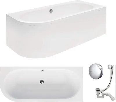 Produktbild von VBChome Badewanne 180 x 80 cm Acryl SET Schürze Siphon Wanne Ecke Eckbadewanne Weiß Design Modern Ablaufgarnitur in Chrom Viega Simplex für 2 Personen Rechts