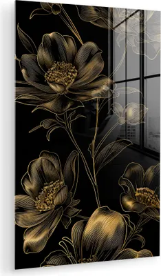 Produktbild von MuchoWow Glasbilder - Bilder auf Wandbild - Foto auf Glas Blumen - Schwarz - Gold - Strichzeichnung 20x30 cm Wanddekoration aus Glas - Acrylglasbild - Acrylbilder - Acrylglas