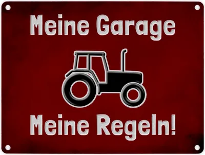 Produktbild von Meine Garage Meine Regeln! Metallschild in 15x20 cm mit Traktor und rotem
