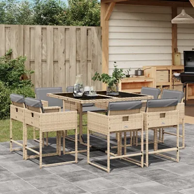 Produktbild von Design 9-tlg. Garten-Essgruppe mit Kissen Beigemischung Poly Rattan, Gartenmöbel-Sets 2024 Neu