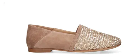 Productafbeelding van Decolleté schoen voor dames, kleur camel, model Miriel. Lage hak met strassteentjes