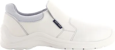 A white slip-on safety shoe is shown from the side against a white background.