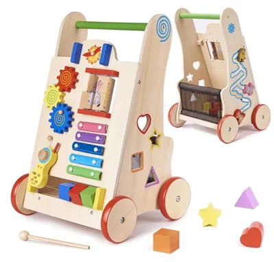 Obrázek produktu pro dětské dřevěné chodítko edukativní pchadlo 8v1 interaktivní kostka sorter xylofon