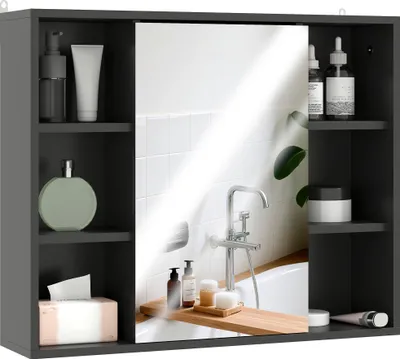 Image de HOMCOM Armoire murale, meuble salle de bain avec miroir, miroir salle de bain avec rangement, placard à portes et 6 compartiments ouverts, 60 x 14,5 x 49,4 cm, noir