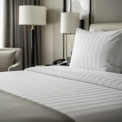 A close-up view of a neatly made hotel bed with white striped bedding and a pillow.