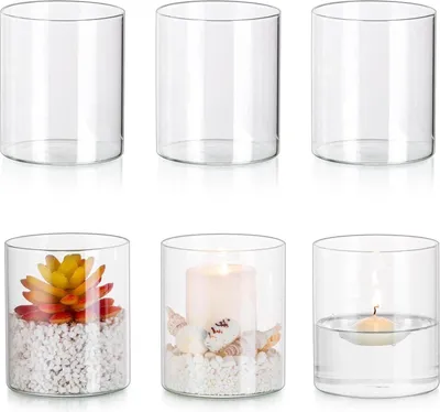 Image de Set de 6 bougeoirs en verre - Bougies cylindriques et bougies flottantes - Cylindre transparent 10cm