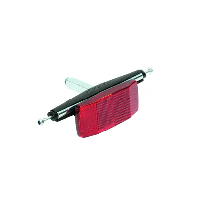 A close-up studio shot of a red bicycle reflector with a black mounting bracket, isolated on a white background.