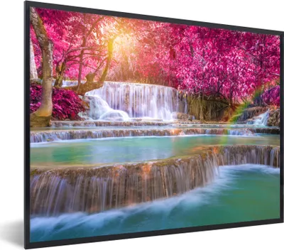 Produktbild von MuchoWow® Gerahmtes Poster Wasserfall - Regenbogen - Bäume - Rosa - Natur 80x60 cm - Poster mit Schwarzem Bilderrahmen Wandposter Rahmen Foto Bilder - Schwarzem - Mit Gestell