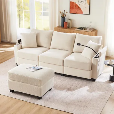 Image de MODFU Canapé d’Angle Convertible en L avec Pouf et Méridienne, 3 Places, Velours Côtelé avec Port USB et Porte-Gobelet - 213,5x139x87 cm - Beige