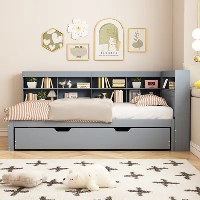 Immagine prodotto di okwish Divano letto da giorno 90x200 cm con vano portaoggetti, letto per ragazzi con letto estraibile e presa USB, divano letto con scomparti, grigio, con materasso