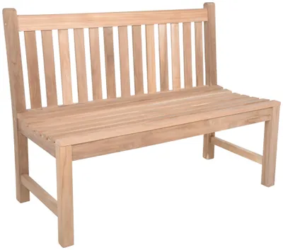 Teak Gartenbank SOLO 2-Sitzer 120 cm ohne Armlehne in Natur mit Sprossenbrett, Gesamtansicht.