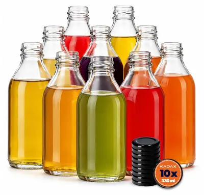 Immagine prodotto di KADAX Set di 10 bottiglie in vetro da 330 ml con tappo a vite nero – Bottiglie vuote riutilizzabili per succhi, liquori, olio, aceto e sciroppo