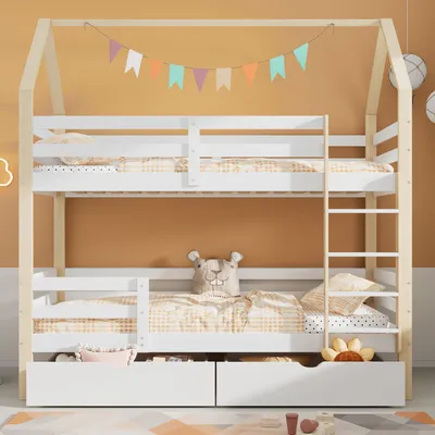 Produktbild von Flieks Etagenbett 90x200cm für 2 Kinder, Hochbett mit Rausfallschutz, Hausbett Stockbett Kinderbett mit Schubladen und Leiter
