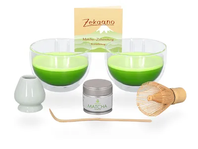 Produktbild von Matcha Set / Matchaset / 2x Matcha Schale 400ml aus doppelwandigem Thermo-Glas mit Besen/Löffel/Halter und Tee