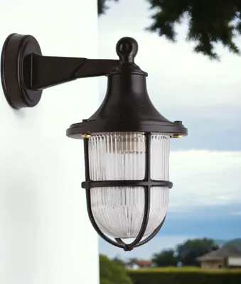 Produktbild von Außenleuchte Wand Echt-Messing Glas E27 IP64 27 cm hoch Schwarz Maritim Wandlampe Hofleuchte