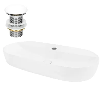 Obrázek produktu pro LuxeBath umyvadlo Oválné umyvadlo na desku, 80x40x12 cm, bílé, keramické, včetně odtokové soupravy bez přepadu