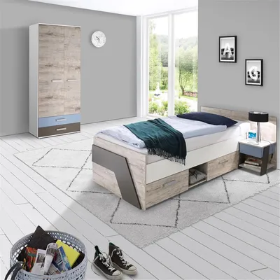 Produktbild von Jugendzimmer Set mit Bett 90x200 cm 3-teilig mit Kleiderschrank LEEDS-10 in Sandeiche Nb. mit weiß, Lava und Denim Blau