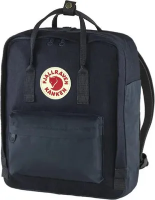 A dark blue Fjällräven Kånken backpack is shown from the front against a white background.