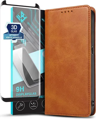 Produktbild von Handyhülle für Samsung Galaxy S9 mit 9H Displayglas Kunstleder Flip Cover Hülle Handytasche Case Kartenfach Farbe: Hellbraun