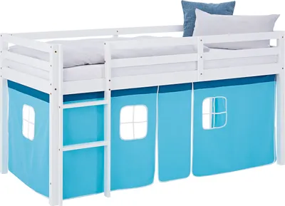 Image de Lit superposé 90x200 cm avec Matelas Lit mezzanine en Bois Pin Massif Rideau Bleu Sommier à lattes