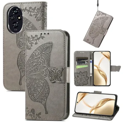 Image de Étui de téléphone portable Honor 200 en similicuir, motif papillon, gris