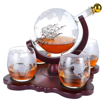 Obrázek produktu pro Sada sklenic a karafy na whisky ve tvaru globusu, objem 850 ml, včetně 4 sklenic, v dárkové krabičce