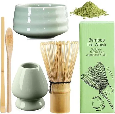 Produktbild von Famanu Matcha Set - Komplettes Set mit keramischer Halterung, Schale, Besen und 2 Bambuslöffeln (Cyan)