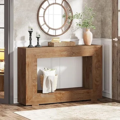 Image de Table console, 120 x 30 x 83,5 cm, table d'appoint, table d'entrée, table basse pour petit espace, table console avec rangement, idéale pour l'entrée, le couloir ou le salon, en bois naturel