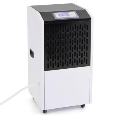 A white and black dehumidifier with a digital display and a hose attached, isolated on a white background.