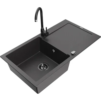 Obrázek produktu pro Mexen Leo 1-miskový granitový dřez s odkapávačem a kuchyňskou baterií Telma, Skvrnitá černá - 6501-76-670200-70-B