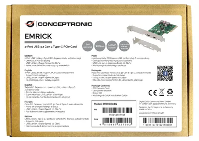 Produktbild von Conceptronic EMRICK 2-Port USB 3.2 Gen 2 Typ-C PCI-Express-Karte, selbstversorgt, PCIe, USB 3.2 Gen 2 (3.1 Gen 2), PCI 3.0, Grün, PC, China