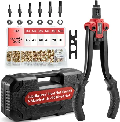 Imagen del producto de Juego de pinzas para instalar tuercas ciegas, que incluye 200 tuercas ciegas de M3 a M10, mandriles, y una bolsa de transporte, ideal para trabajos de metalurgia