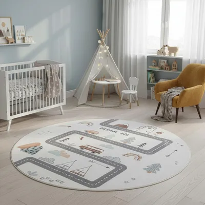 Produktbild von SIMPEX Kinderteppich Straße Spielteppich für Kinderzimmer Fahrzeug und Naturmotiv fördert Kreativität und Spielen Größe: 120 cm Rund , Farbe: Creme-4