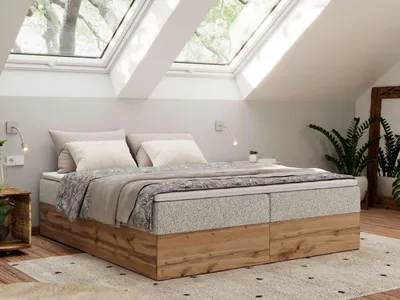 Produktbild von MKS MEBLE Boxspringbett, Polsterbett WOOD ZERO ohne Kopfteil, mit Stauraum & Bettkasten, 7-Zonen-Taschenfederkernmatratze, modernes Doppelbett in Holzoptik - Hellgrau Strukture - H3 - Topper T25