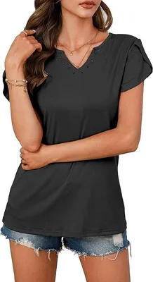 Produktbild von Elegante Frauen V-Ausschnitt Atmungsaktiv Kurzarm Bluse Casual Schwarz S