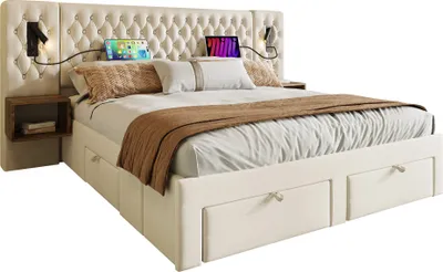 Obrázek produktu pro okwish čalouněná postel manželská postel 180 x 200 cm s USB nabíjecím portem a čtecí lampičkou, s úložným prostorem, 2 noční stolky a 4 zásuvky (bez matrace) - béžová