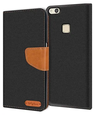 A black flip case for a Huawei P10 Lite phone, with a brown leather accent and a small logo.
