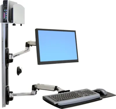 Immagine prodotto di Sistema di montaggio a parete Ergotron LX - Kit di montaggio (braccio a parete, supporto per mouse, 2 coperture per binari, braccio per tastiera, 2 canaline per cavi, cuscinetto per polsi, binario a parete da 10", binario a parete da 34", distanziatore per CPU, sistema di montaggio con supporto per CPU e bracci, supporto per CPU medio)