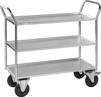 Produktbild von Kongamek Etagenwagen voll verschweisst und verzinkt mit 3 Böden 940x540mm Ladefläche und 24mm Rand mit Bremse
