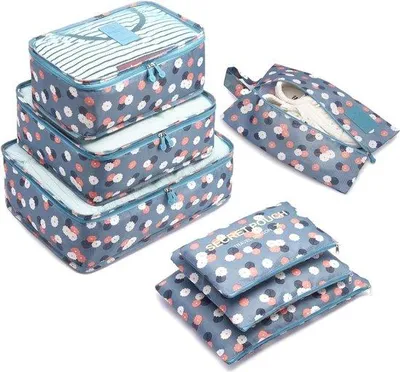 Produktbild von Famanu Kofferorganisator Set - 7-teilig, Blaues Blumenmuster