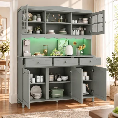 Image de Armoire de cuisine Flieks avec tiroirs, buffets avec éclairage LED et prises, meuble haut avec espace de rangement, 135 x 40 x 185 cm, gris-vert, en panneaux de particules
