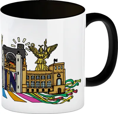 Produktbild von Kaffeebecher Henkel und Innenseite Schwarz mit Wimmelgrafik Berlin Motiv