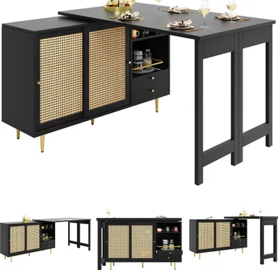 Produktbild von okwish 360° drehbarer Bartisch 107 x 40 x 71,4 cm, Moderner ausziehbarer Bartisch (Ausziehbarer Esstisch mit Stauraum für Esszimmer), mit Rattantür + offenes Lagerregal,Stehtisch Bistrotisch Hochtisch Kücheninsel Küchentisch klein Hausbar, Schwarz
