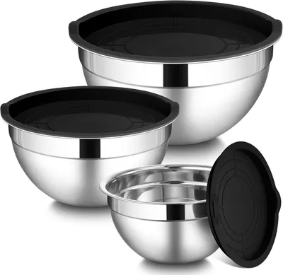 Produktbild von 3-teiliges Edelstahl Schüssel Set mit Deckel - Luftdicht, stapelbar & spülmaschinengeeignet (1,5L, 2,2L, 4,5L) - Ideal für Küche, Mixen, Salat & Aufbe
