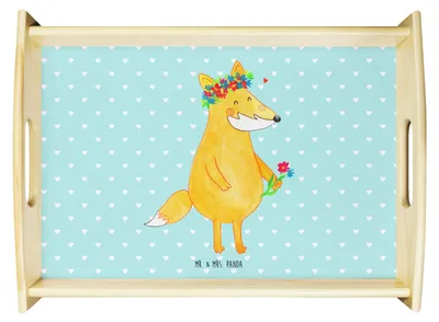Produktbild von Mr. & Mrs. Panda Servier Tablett Fuchs Blumen - Türkis Pastell - Geschenk, Serviertablett, Dekotablett, Holztablett, Boho, Liebe, Blume, Blumenliebe, Mich, Sofa